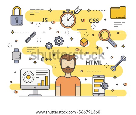 Vector web development, programming concept banner. Digital devices, programmer creating website, writing computer software, mobile applications. Thin line flat design symbols and icons for web, print