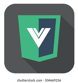vector web development shield sign html5 javascript V letter symbol icon on grey badge with long shadow