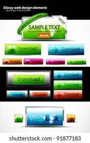 Vector web elements set: glossy download buttons and glass web boxes with next and previous button and corner ribbon