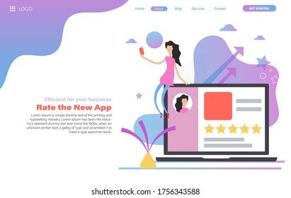 Plantilla de encabezado web vectorial de la mujer que da una calificación de cinco estrellas desde el móvil