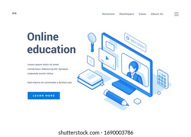 Vector web homepage design with blue icons of computer and studying elements arranged on white background offering to learn more about online education. Isometric web banner, landing page template