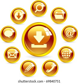 Vector web icon - email, phone, contact, service, search. Gold button for internet.