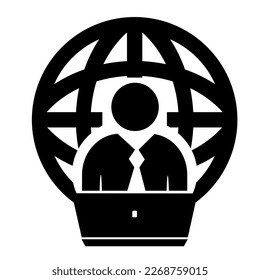 Vector web icon of a person working at a computer. Flat design. globe. Isolated on a white background.	
