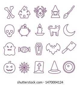 Vector web icon set for creating graphics related to Halloween, including witch, cat, moon, candy, spider web, ghost, eyeball, skull and tombstone