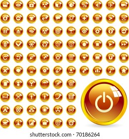 Vector web icon set - email, play, folder, audio, communication. Gold button for website navigation.