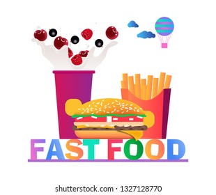 Vector web icons big Burger milkshake and French fries on white background