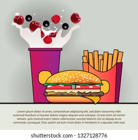 Vector web icons big Burger milkshake and French fries with black stroke