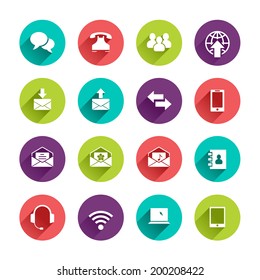 Vector Web Icons Set in Flat Design with Long Shadows on circle buttons with speech bubble phone group of people email arrows smartphone phone book headphones wi-fi tablet notebook laptop signs