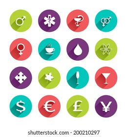 Vector Web Icons Set In Flat Design With Long Shadows On Circle Buttons With Man Woman Gender Symbols Caduceus Cup Of Coffee Water Drop Atom Maple Leaf Dollar Euro Pound Yen Signs