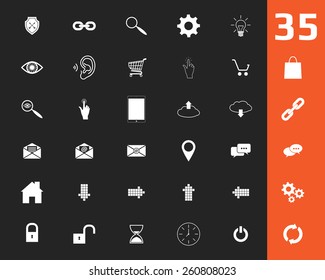 Vector web icons, set: hand, click, eye, search, ear, trolley, shield, magnifier, tablet,  cloud, email, point,  house, gears, lock, unlocked, reboot, power, clock, hourglass, map pointer