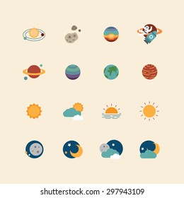 vector web icons set - space sun and moon collection of flat design elements. universe concept.