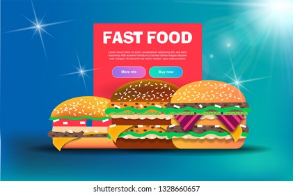 Vector web icons three big burgers on blue background