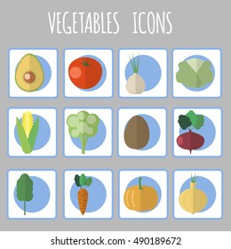 vector web icons with vegetables, tomato, avocado, garlic, cabbage, corn