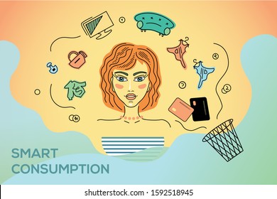 Vector web illustration of smart consumption, buying with sustainable benefits. Face portrait of young woman with consume things: sofa, clothes,TV, bag, cosmetics, furniture. Environment Implications.