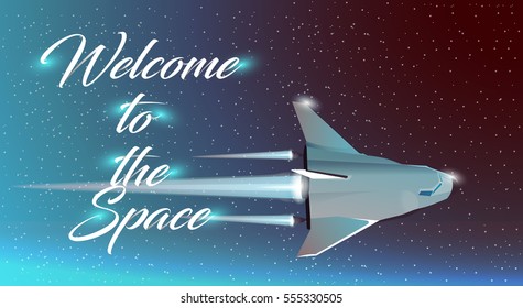 Vector web illustration Space tourism. Spaceship. The rocket ship flying in the space. Spaceship background. Projects template for business. poster, abstract vector illustration.