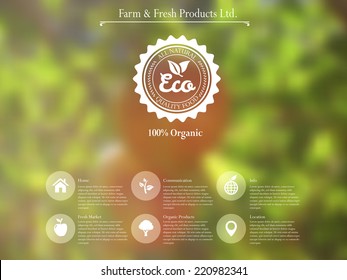 vector web interface template and mobile app design with retro label for organic food and  blurred effect background