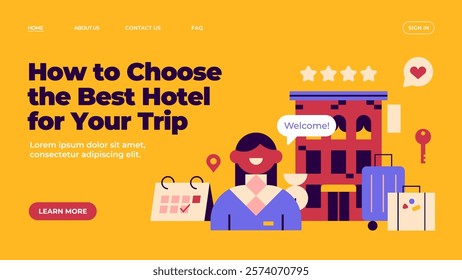 Vector web landing page template. Online Hotel Booking. Booking rooms. How to choose a hotel for your vacation. Travel planning. Online registration. Tips for traveling.