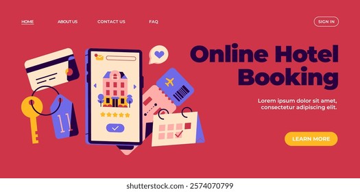 Vector web landing page template. Online Hotel Booking. Booking rooms online. How to choose a hotel for your vacation.  Travel Planning. Buying airline tickets. Tips for traveling.