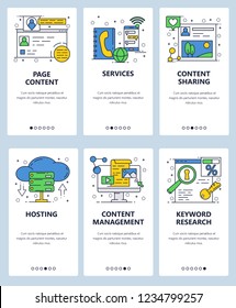 Vector web linear art onboarding screens template. Website internet hosting and content management. Menu banners for website and mobile app development. Modern design flat illustration