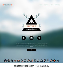 Vector web and mobile interface background. Corporate website design.  Mountain and sea view with badge. 