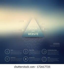 Vector web and mobile interface template. Corporate website design. Minimalistic  multifunctional media backdrop. Vector. Editable. Blurred. Triangle badge label  over blur background. Options