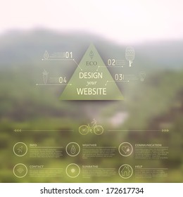 Vector web and mobile interface template. Corporate website design. Minimalistic  multifunctional media backdrop. Vector. Editable. Blurred. Triangle badge label, mountain landscape. Options, Icon