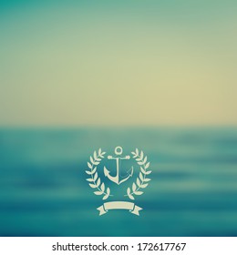 Vector web and mobile interface template. Corporate website design. Minimalistic web multifunctional media backdrop. Ribbon badge label over sea background. Vector. Editable. Blurred. Unfocused. Ocean