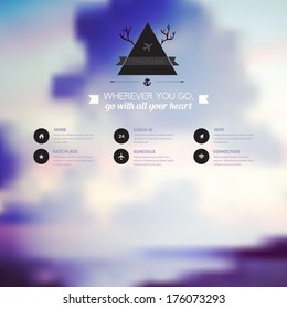 Vector web and mobile interface template. Sky horizon. Corporate website design. Minimalistic multifunctional media backdrop. Blurred. Triangle badge label, mountain landscape.  Icon. Ocean. Cloud