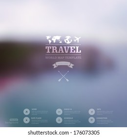 Vector web and mobile interface template. Travel corporate website design. Minimalistic   backdrop. Vector. Editable. Blurred. Triangle badge label, mountain landscape. Options, Icon, typography