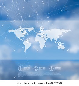 Vector web and mobile interface template.  Corporate website design. Minimalistic  multifunctional media backdrop.Blurred.  Clouds in the blue sky  landscape.Icons.  Vector illustration.