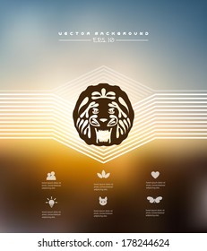 Vector web and mobile interface template. Corporate website design. Minimalistic multifunctional media backdrop. Editable. Blurred. Triangle badge label, view from the window, sunset,Options, Icon 