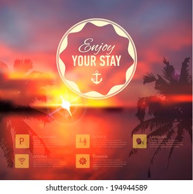 Vector web and mobile interface template. Travel and hotel corporate website design. Minimalistic backdrop. Vector. Editable. Blurred. Circle badge label, sunset background. Options, Icon, typography