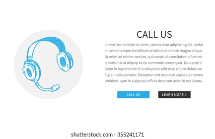 Vector web page Call Us template with hand-drawn earphone. Design concept illustration with white background.
