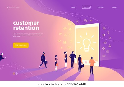 Vector web page concept design with customer retention theme - office people stand at big digital tablet screen. Landing page, mobile app, site template. Line art, business icons. Inbound marketing. svg