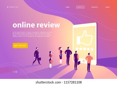 Vector web page concept design with online review theme - office people stand at big digital tablet watch shining screen with five stars. Landing page, mobile app, site template. 