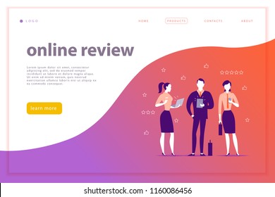 Vector web page concept design with online review theme. Office people stand watching on mobile device screen - laptop, tablet, smartphone. Thumb up, stars line icons. Landing page, mobile app, site.