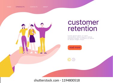 Vector web page concept design - customer retention theme. Buying happy people with sale bag stand on big human hand. Landing page, mobile app, site template. Business illustration. Inbound marketing.