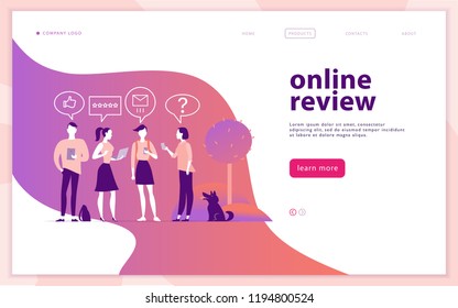 Vector web page concept design with online review theme. People with mobile device - laptop, tablet, smartphone - giving stars, rating. Thumb up, stars line icons. Landing page, mobile app, site.