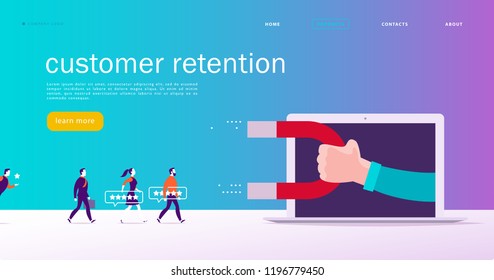 Vector web page concept design, customer retention theme. People give star rating positive feedback, human hand, magnet. Landing page mobile app site template. Business illustration. Inbound marketing
