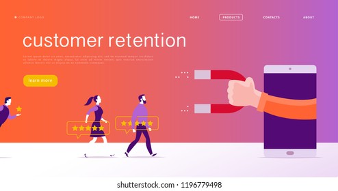 Vector Web Page Concept Design, Customer Retention Theme. People Give Star Rating Positive Feedback, Human Hand, Magnet. Landing Page Mobile App Site Template. Business Illustration. Inbound Marketing