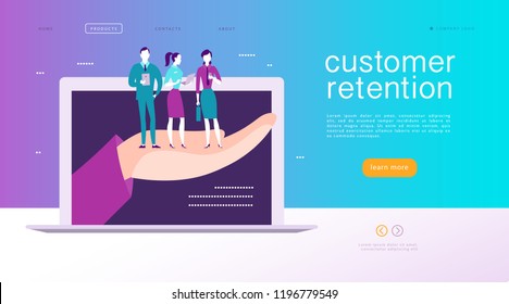 Vector web page concept design - customer retention theme. Buying happy people with sale bag stand on big human hand. Landing page, mobile app, site template. Business illustration. Inbound marketing.