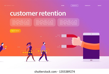 Vector web page concept design, customer retention theme. People give star rating positive feedback, human hand, magnet. Landing page mobile app site template. Business illustration. Inbound marketing