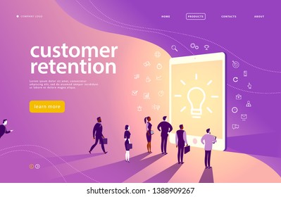 Design de conceito de página da web vetorial com tema de retenção de clientes - as pessoas do escritório estão na grande tela do tablet digital. Página de destino, aplicativo móvel, modelo de site. Arte de linha, ícones de negócios. Marketing de entrada.