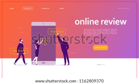 Vector web page concept design with online review theme. Office people at smartphone screen giving stars, feedback and rating. Thumb up, stars line icons. Landing page, mobile app, UI, UX, site.