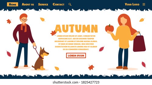 Vector web page concept. Fall. A man in autumn clothes with a dog and a woman with a package and a pumpkin in her hands. Falling leaves. Beautiful saturated colors.