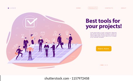 Vector web page design template for complex business solutions, project support & consulting, modern technology, service, time management, planning. Landing page. Mobile app. Flat concept illustration