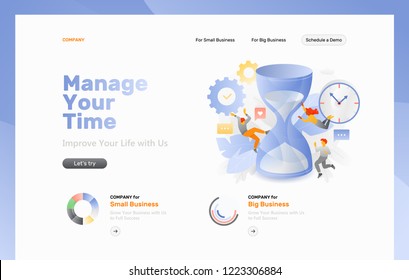 Vector web page design template of time management. Big hour glass, cogwheels and watch surrounded by tiny people.