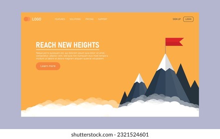 Vector web page design template business solutions, consulting, marketing, support concept.Red flag on top of the mountain symbolizes the achievement of success. Landing page. Mobile app, web banner