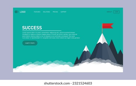 Vector web page design template business solutions, consulting, marketing, support concept.Red flag on top of the mountain symbolizes the achievement of success. Landing page. Mobile app, web banner