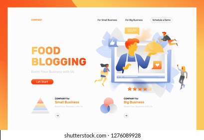 Vector web page header template of a food blogging. Tiny people around big tablet pc screen with big food blogger sticking out of a video player.